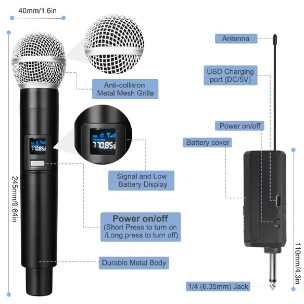 2PC UHF Rechargeable Wireless Dual Handheld Dynamic Microphone - Image 2